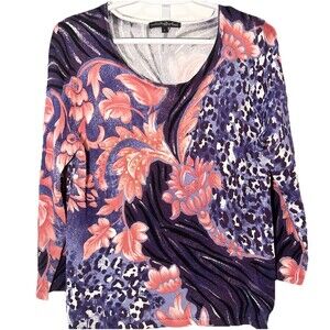 Pierri New York L Beaded Floral Animal Print 3/4 Sleeve Stretch Top